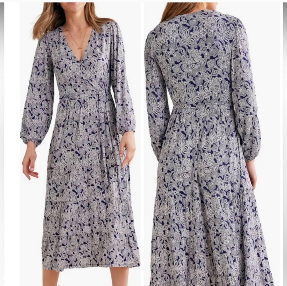 Boden Blue and White V-Neck Midi Dress